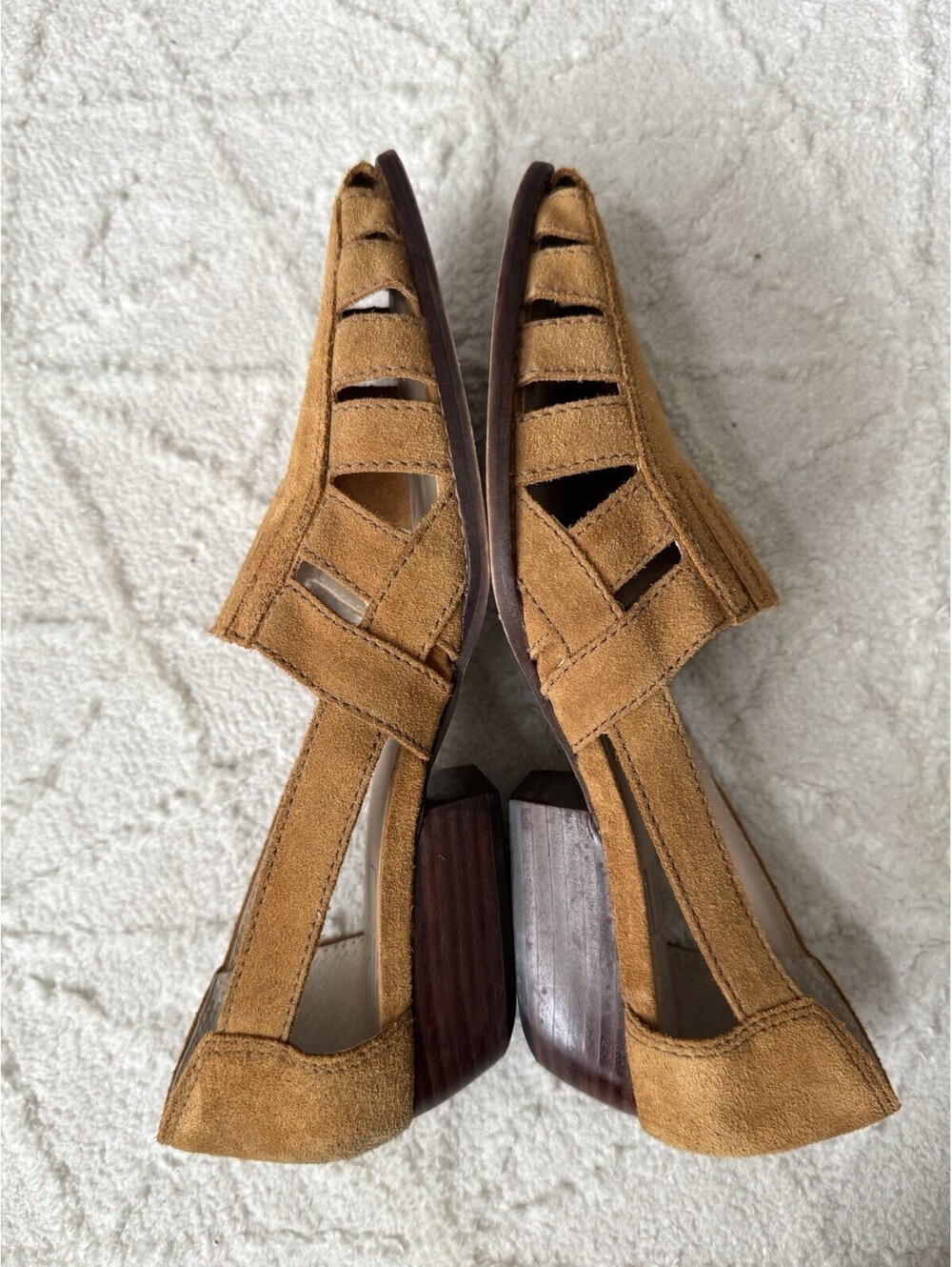 Bird of Flight Women 9.5 Tan Suede Cutout Slingback Block Heel Shoes Brazil Boho